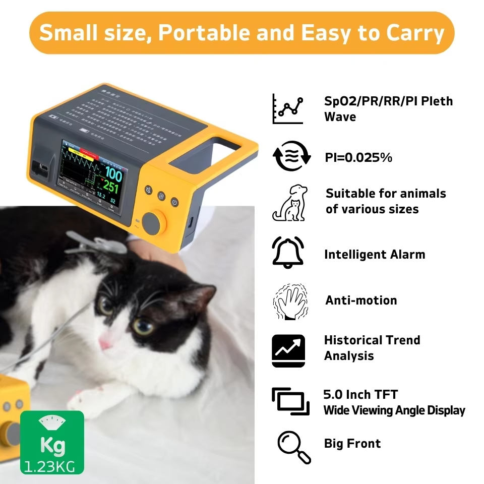 VM30 feature summary - SpO2, PR, RR, PI and pleth wave, PI 0.025%, intelligent alarm, anti-motion, historical trend analysis, 5.0 inch TFT display, 1.23 kg