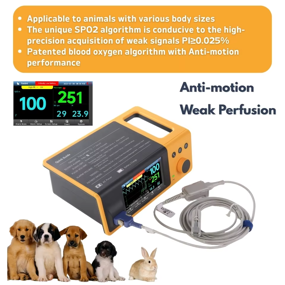 VM30 monitor shown with canine and rabbit patients, stating weak-signal acquisition at PI 0.025% and anti-motion performance