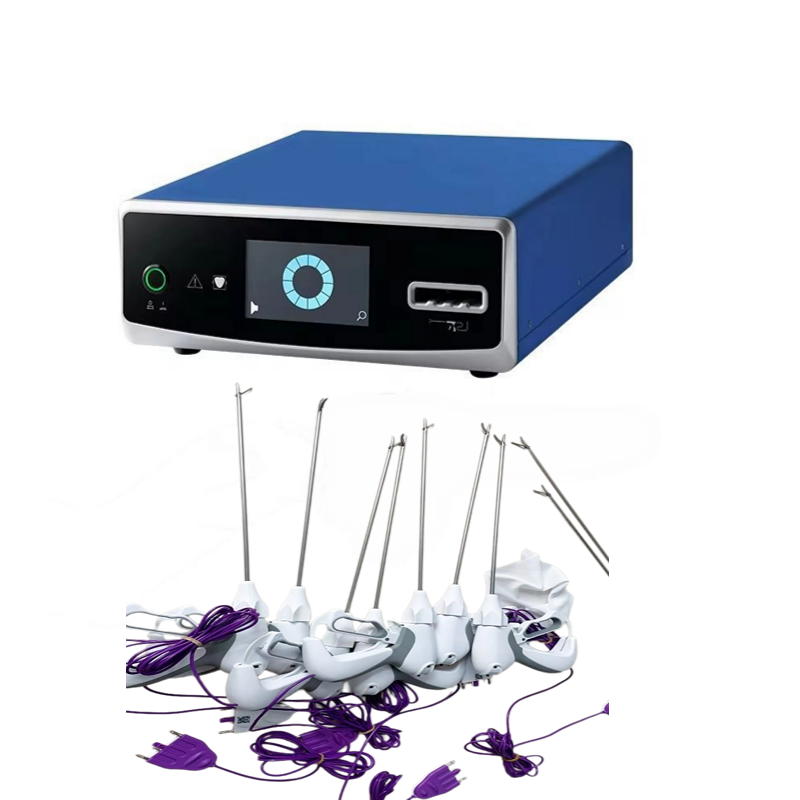 ES4 vessel sealing generator shown with its instrument range - several jaw profiles and shaft lengths with connector cables