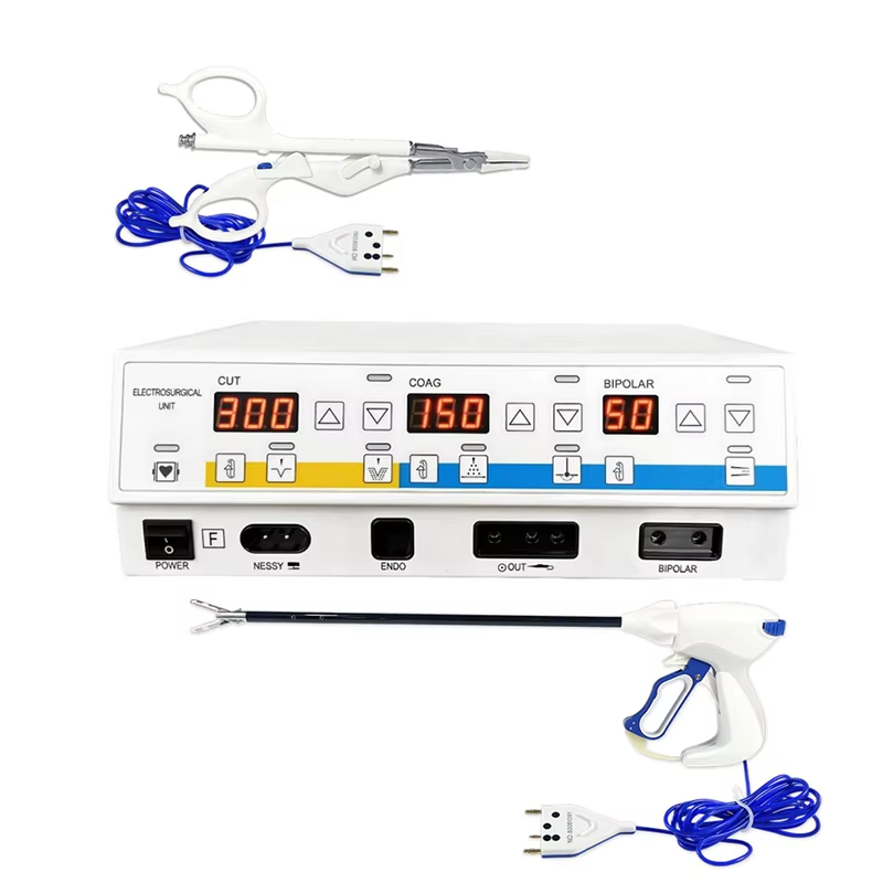 ES5 electrosurgical unit front panel - CUT, COAG and BIPOLAR displays with mode keys, power switch, neutral electrode socket, endoscopic output, monopolar output and bipolar socket, with laparoscopic and open bipolar forceps
