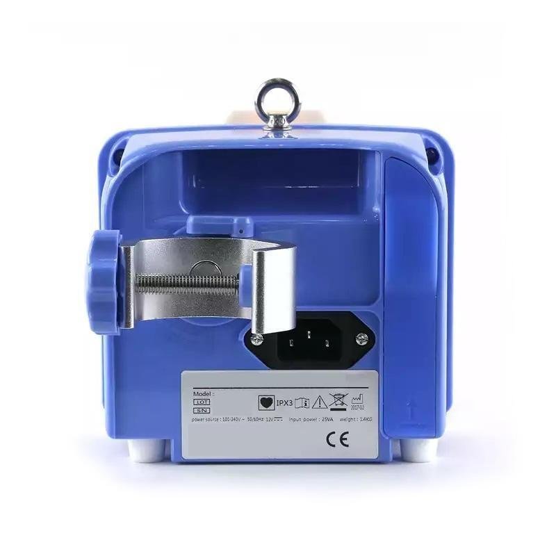 LUMA-IP01 infusion pump — rear view with rotatable IV-pole clamp, AC inlet and rating label