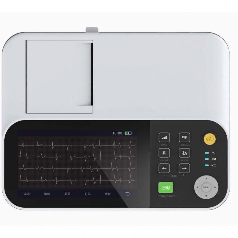 ECG500G front view - colour display showing four simultaneous ECG traces with on-screen function row, thermal recorder paper bay above