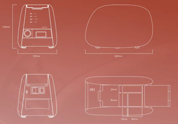 IDEN-CR01 dimensions diagram — 320 × 210 mm footprint with imaging plate slot detail