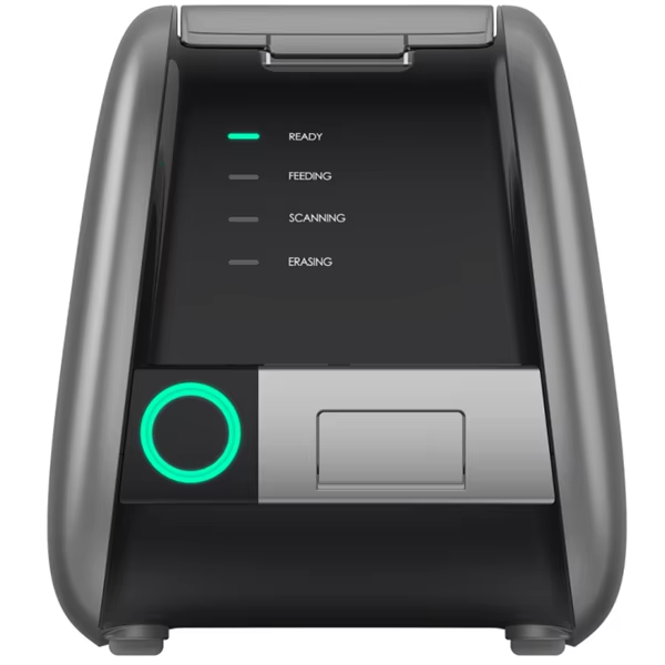 IDEN-CR01 control panel detail — READY / FEEDING / SCANNING / ERASING status indicators and start ring
