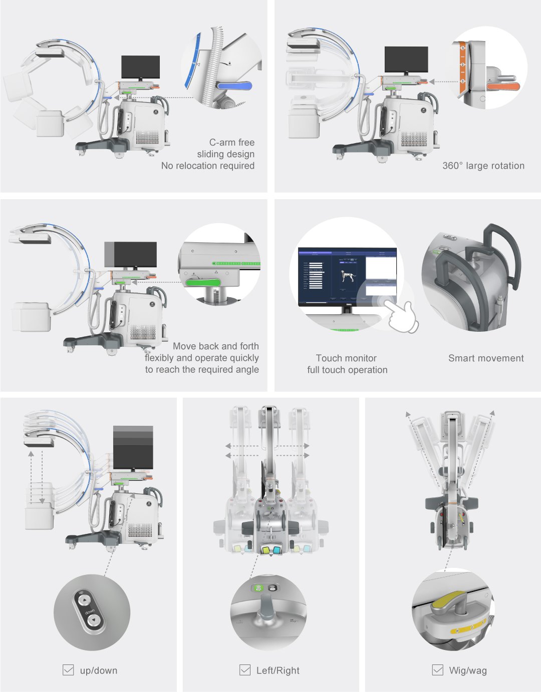 IWA-DC01 C-arm movement capabilities: free sliding, 360 degree rotation, forward/backward, touch monitor, smart movement, up/down, left/right, wig/wag