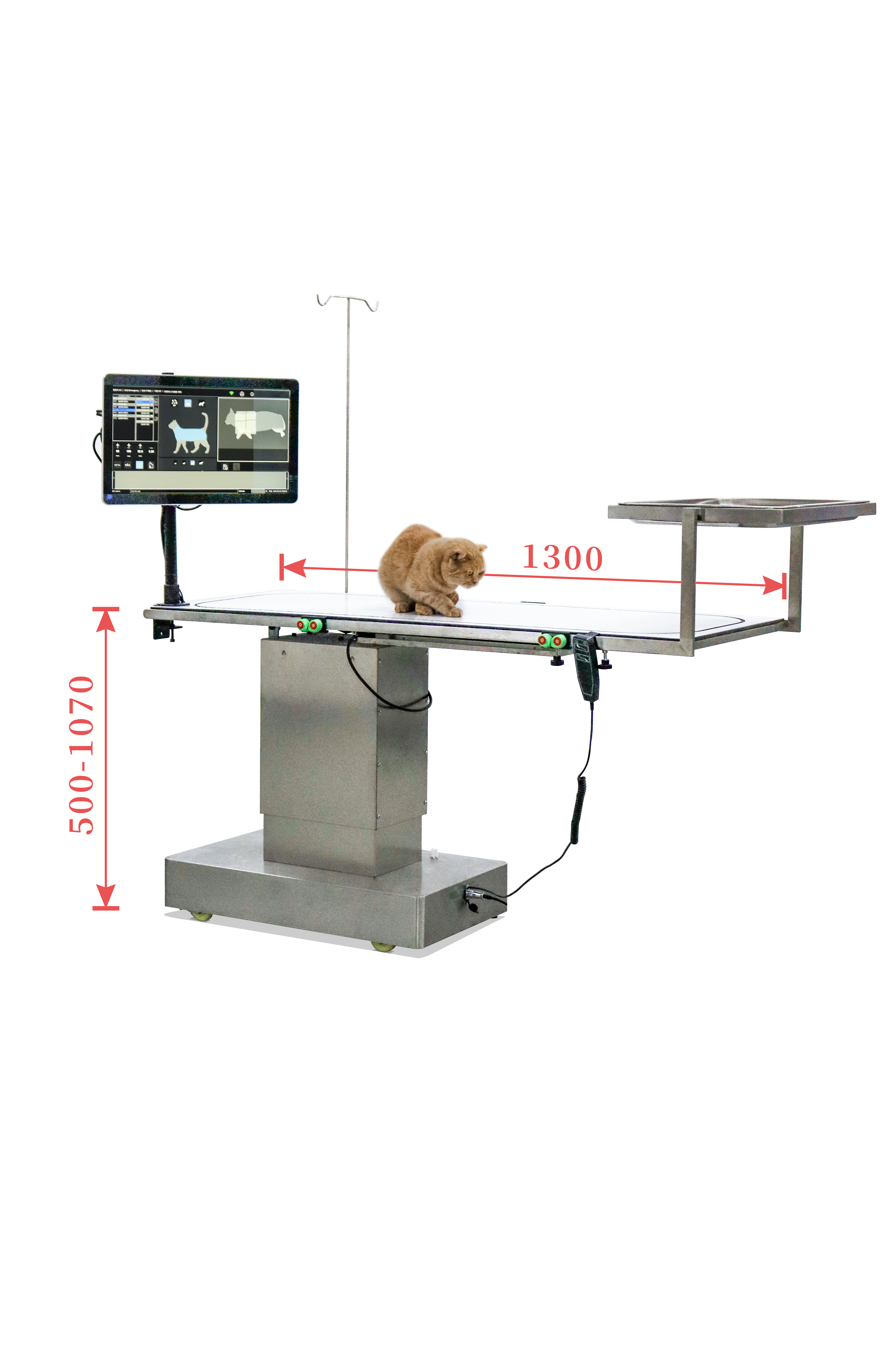 iToo-Sur surgical table dimensions — 1300 mm length, 500–1070 mm adjustable height