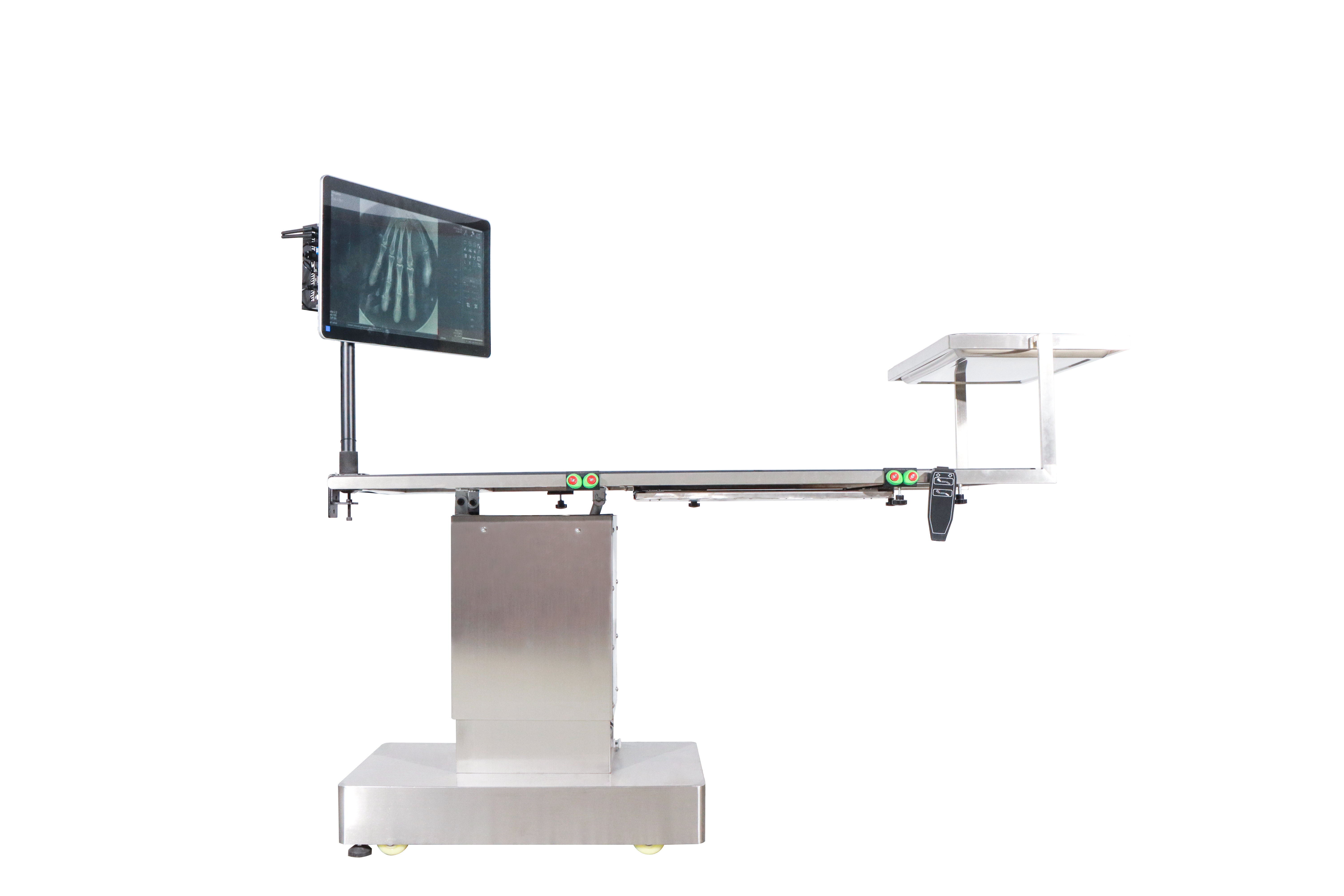 iToo-Sur surgical table digital X-ray system — side view with overhead diagnostic monitor