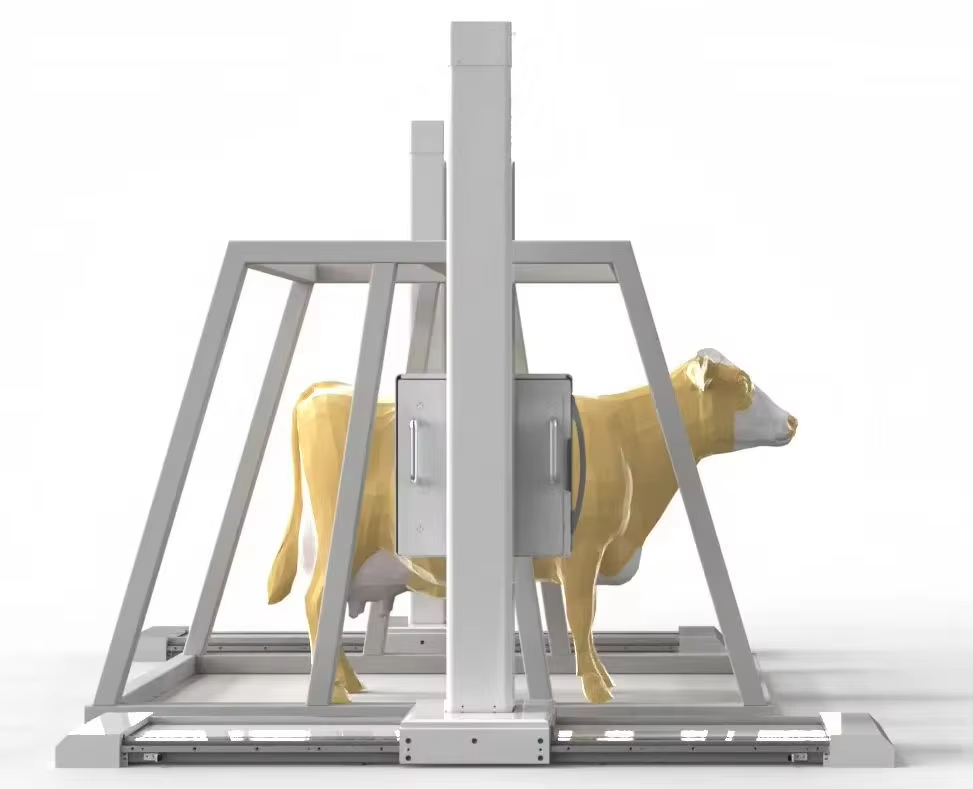 iVision-1000X Bovine-Clamp DR system — front view with bo... iVision-1000X Bovine-Clamp DR system — front view with bovine patient in clamp frame