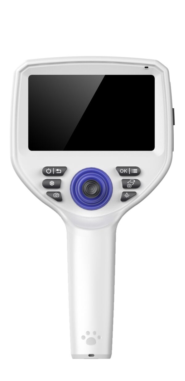SA-Pro veterinary endoscope handpiece — front face view s... SA-Pro veterinary endoscope handpiece — front face view showing 5-inch display and joystick control