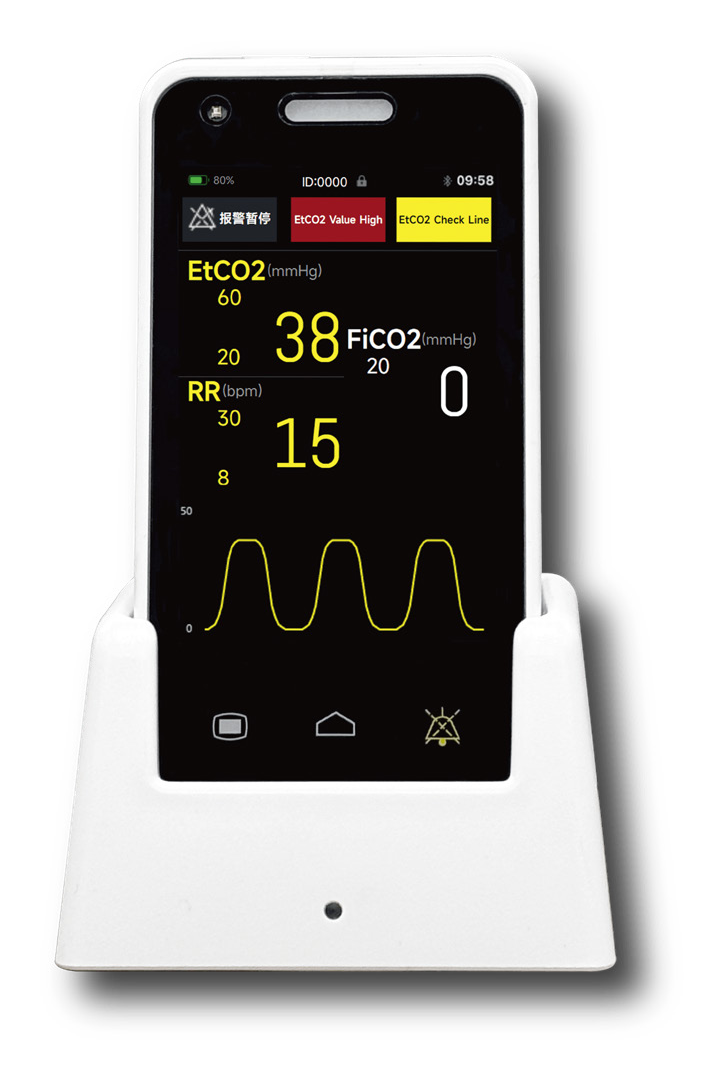 IWA-HM200 handheld veterinary capnograph and pulse oximeter seated in its charging cradle, 3.95-inch colour touchscreen showing EtCO2, FiCO2 and respiration-rate waveform