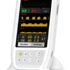 IWA-HM310 handheld multi-parameter veterinary monitor in charging stand, 5.5-inch 720P display showing SpO2, CO2 and respiration waveforms with keypad