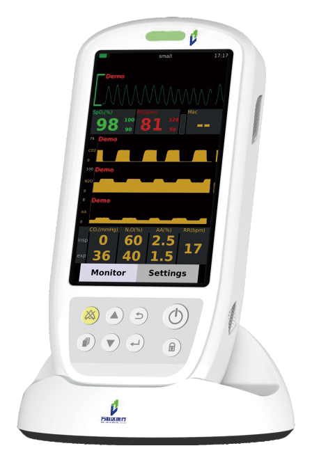 IWA-HM310 handheld multi-parameter veterinary monitor in charging stand, 5.5-inch 720P display showing SpO2, CO2 and respiration waveforms with keypad