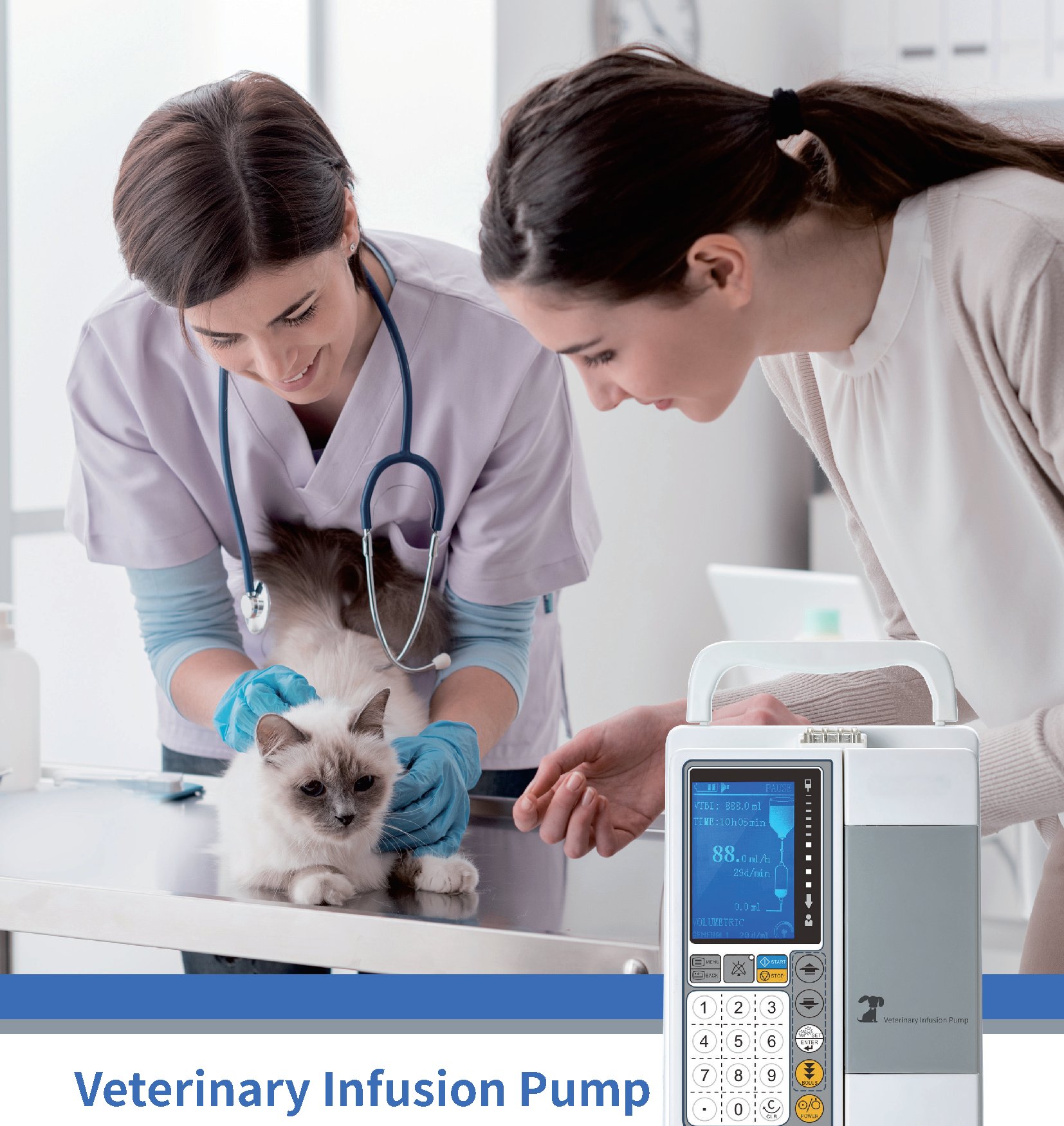 IWA-IP10 veterinary infusion pump in clinical use - two veterinarians examining feline patient with pump on stainless treatment table