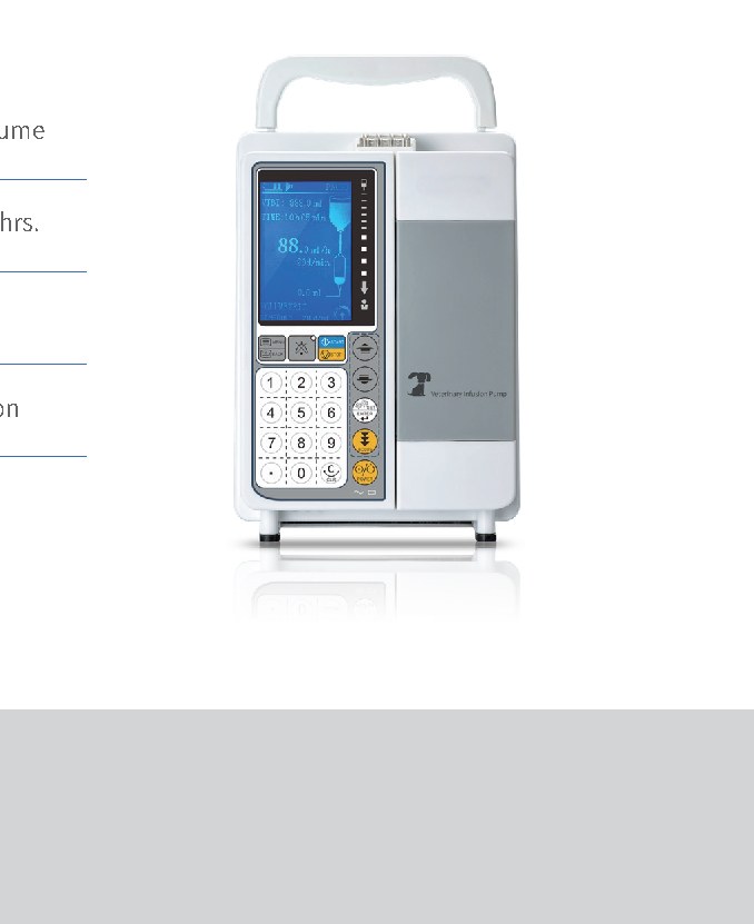 IWA-IP10 veterinary infusion pump product view - 3.2 inch color LCD, numeric keypad, BOLUS/START/STOP buttons, top carrying handle and integrated door for IV set loading