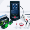 IWA-LAS10 Class IV veterinary laser therapy system — full kit with handpieces, safety glasses, foot switch, and treatment fiber