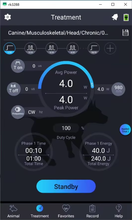 IWA-LAS10 treatment screen — dose, power, phase time, and total energy parameters