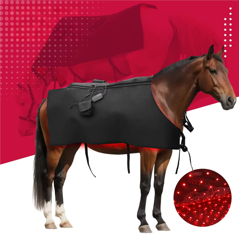 IWA-RLT10 wireless equine red light therapy blanket worn by horse
