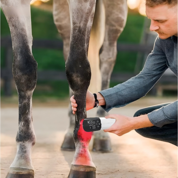 IWA-RLT40 handheld red light therapy device used on equine fetlock — clinical application