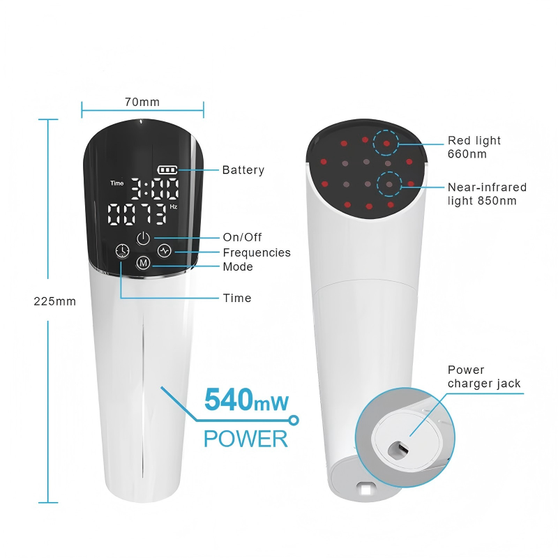 IWA-RLT40 — front and rear panel callouts (display, mode, timer, frequency, charging port)
