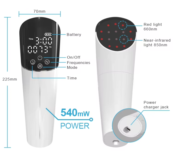 IWA-RLT40 handheld red light therapy device — labelled diagram with dimensions, controls, 660 nm + 850 nm output, and 540 mW power