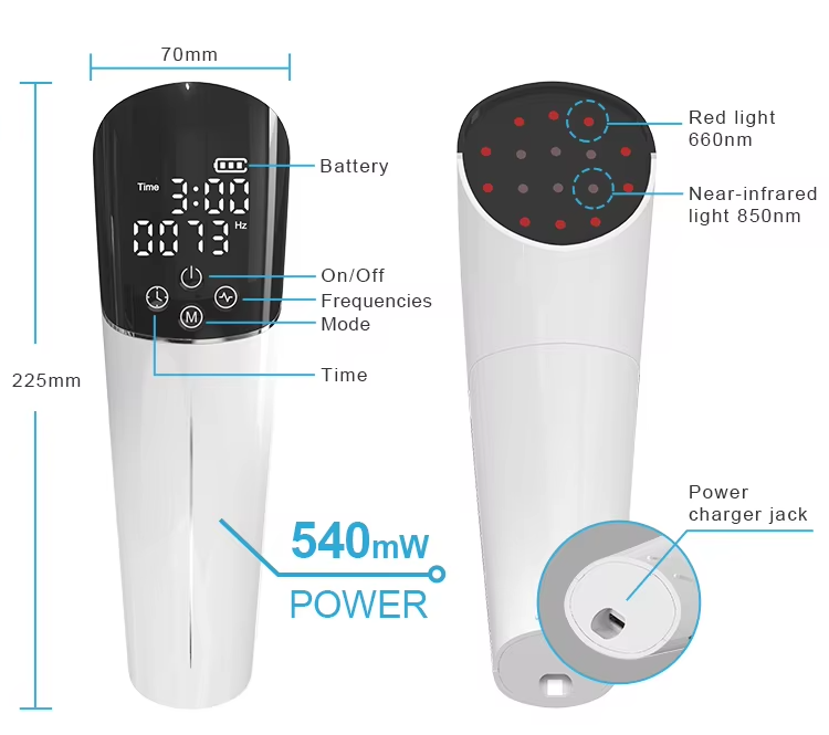 IWA-RLT40 handheld red light therapy device — labelled diagram with dimensions and controls