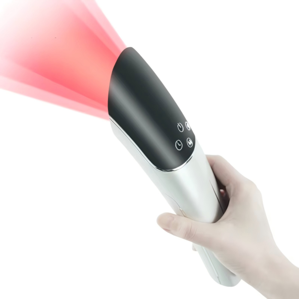 IWA-RLT40 handheld red light therapy device in use — emitting therapeutic red and near-infrared light