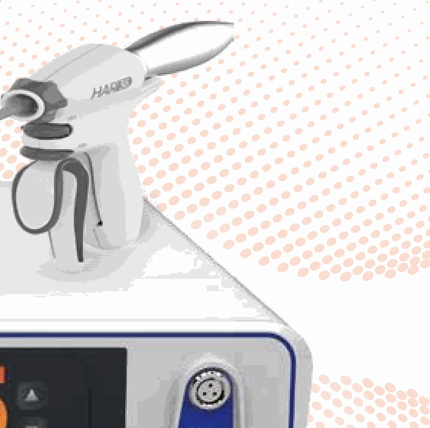 IWA-SG12 HAR36 ultrasonic harmonic scalpel handpiece detail - pistol-grip handle, 360-degree rotation wheel, finger trigger and curved titanium working blade