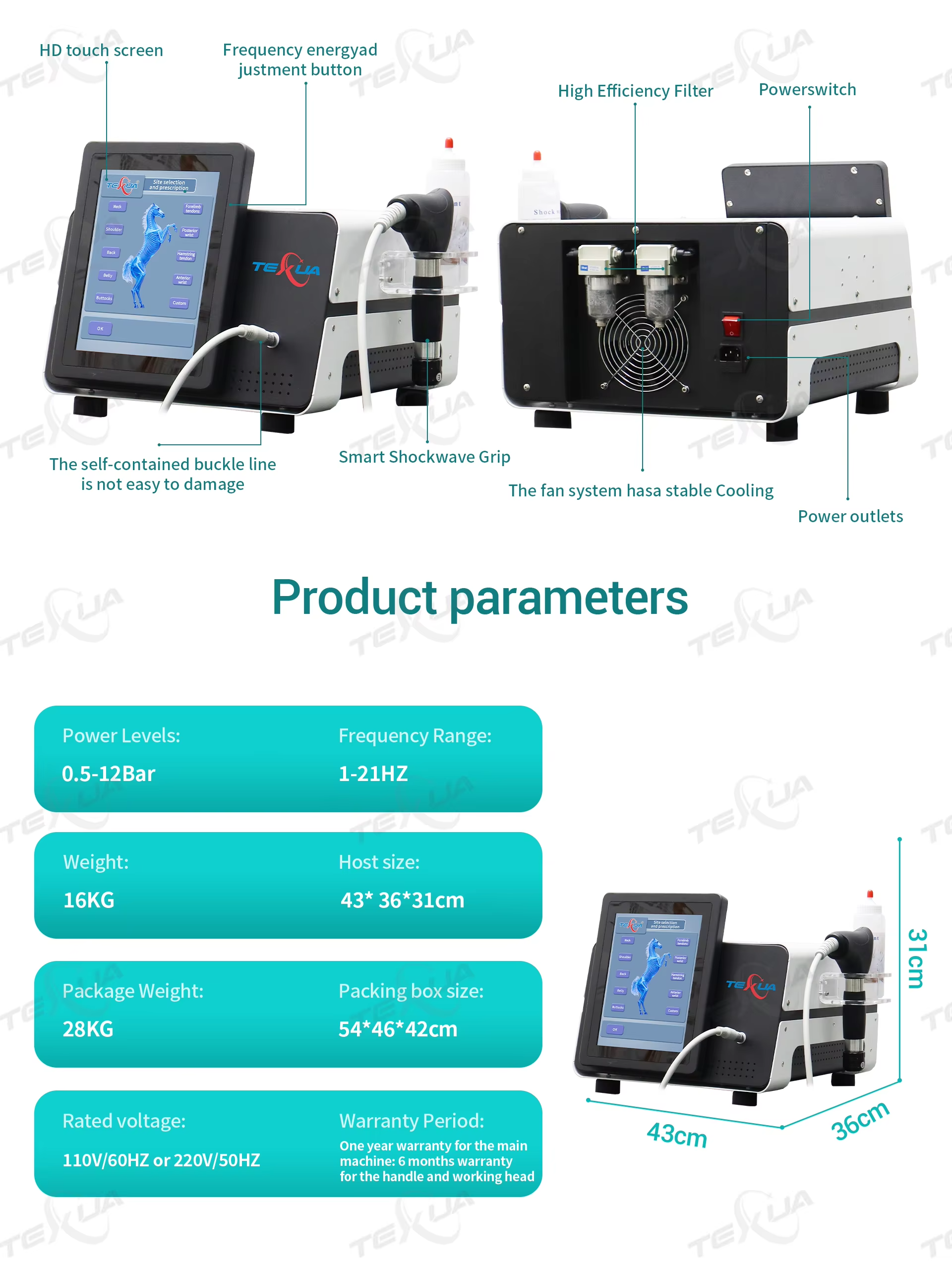 IWA-SWT10 Compact Portable Pneumatic Shockwave Therapy System (12 Bar) — specs overview
