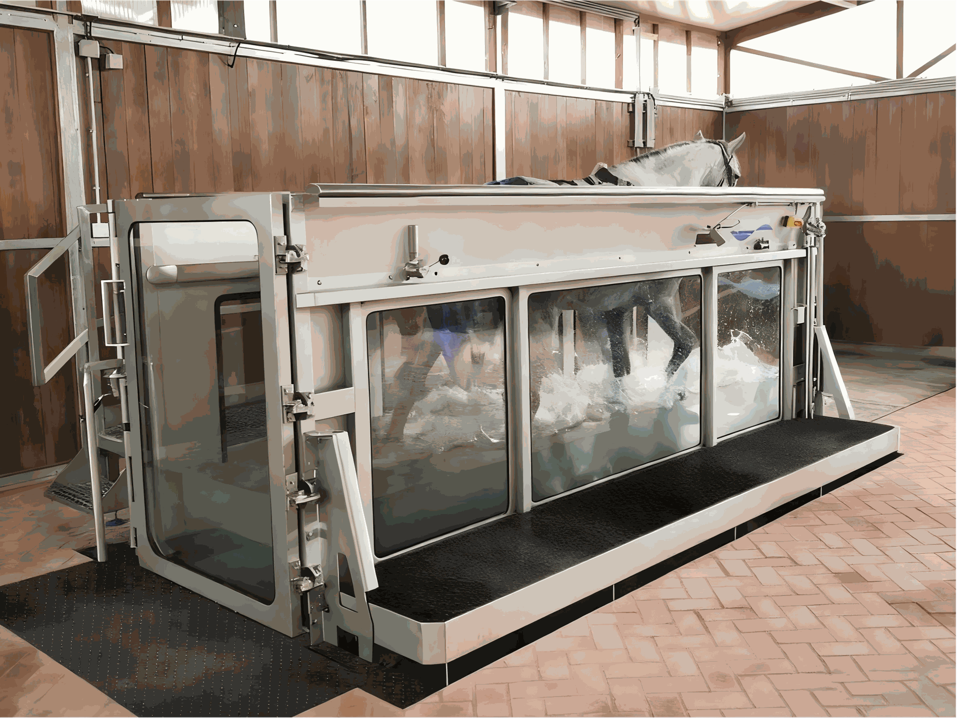 IWA-TM10 equine underwater treadmill — full unit with sliding doors, viewing windows, and integrated platform