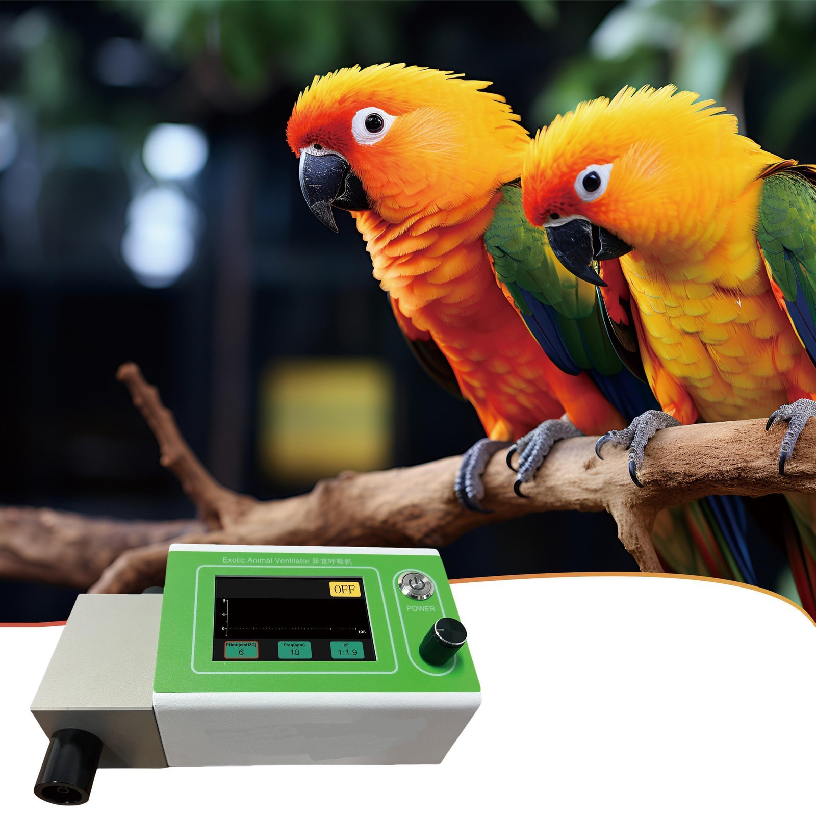 IWA-Ven10 product overview - compact veterinary ventilator with green LED display, control knob and breathing-circuit connector