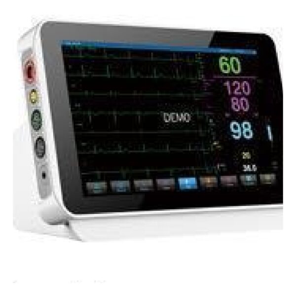 IWA-VM11 veterinary monitor - angled view showing full EC... IWA-VM11 veterinary monitor - angled view showing full ECG waveform display and left-side electrode connection ports for ECG, SpO2, NIBP and temperature