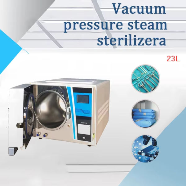 IWA-VPSS01 product brochure poster — 23 L vacuum pressure steam sterilizer with accessories
