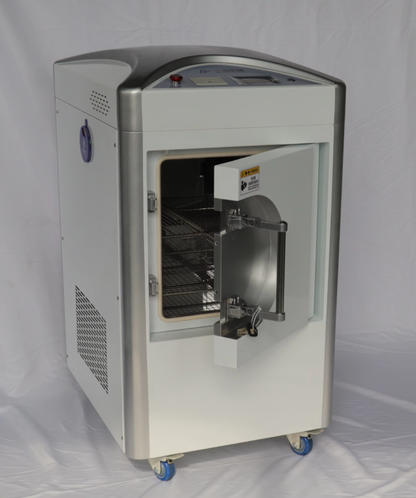 IWA-VPSS02 EO sterilizer — chamber interior with stainless steel shelves and tray