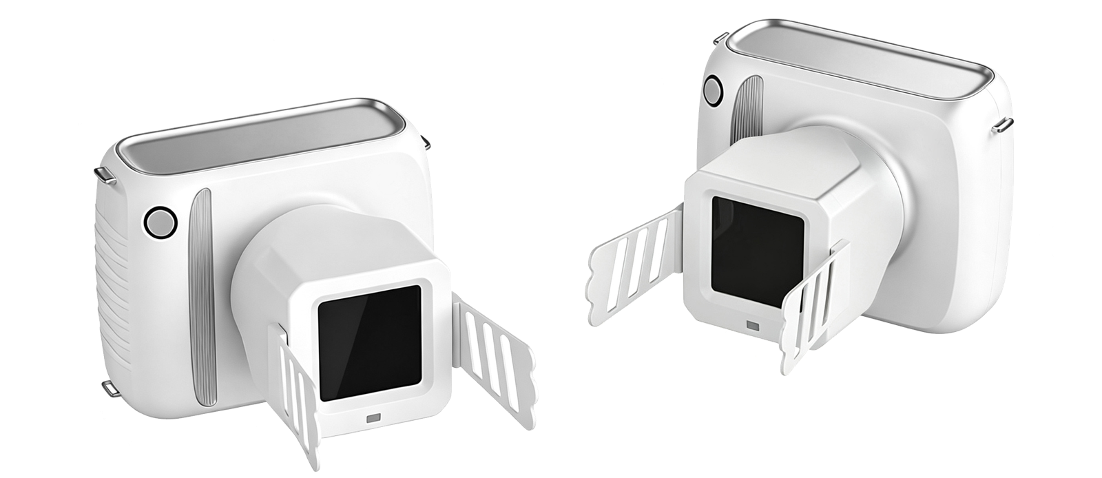 iShot-70 handheld X-ray tube head, two angles, with anti-scatter folding shield and rear display