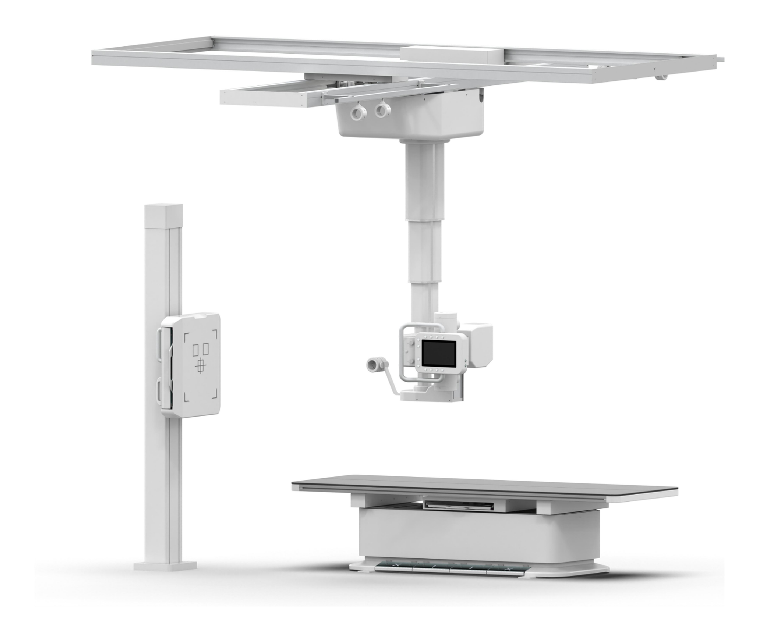 iVision-1000 ceiling-rail suspension with stands and radiography table — full configuration