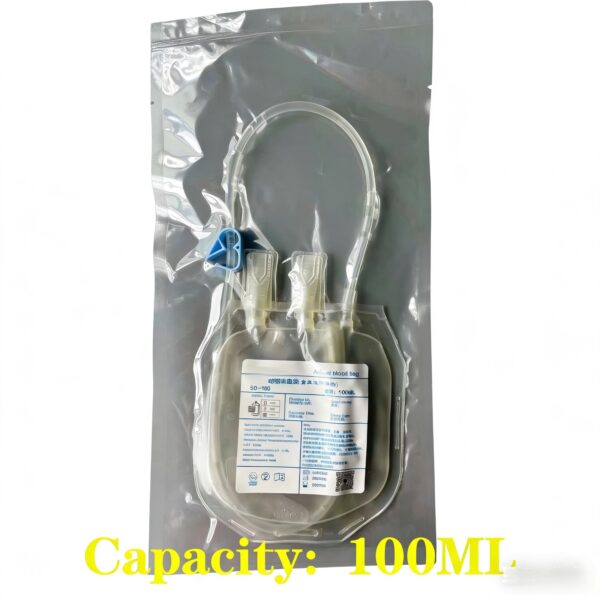 Veterinary disposable blood bag, 100 mL, sealed in its outer pouch with transfer tubing, roller clamp and twin spike ports