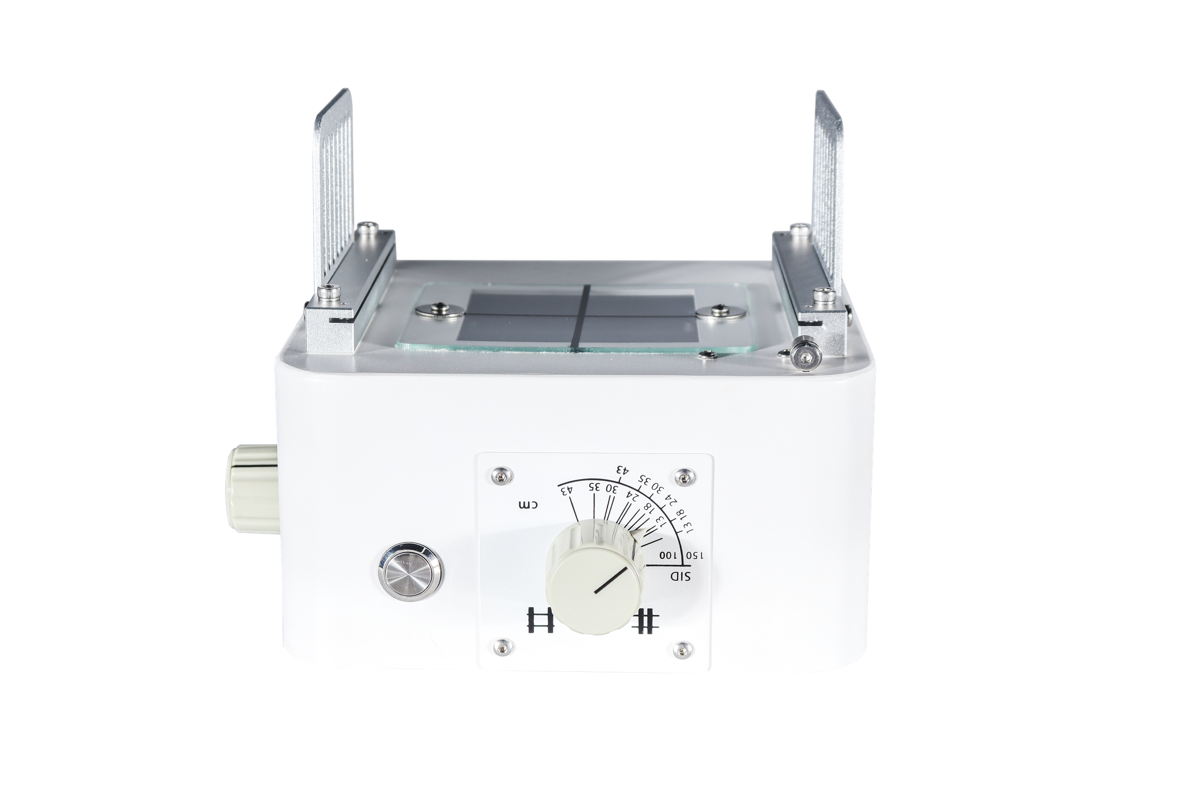 Manual X-ray collimator front view with light field window, cross-hair and the SID and field size dial
