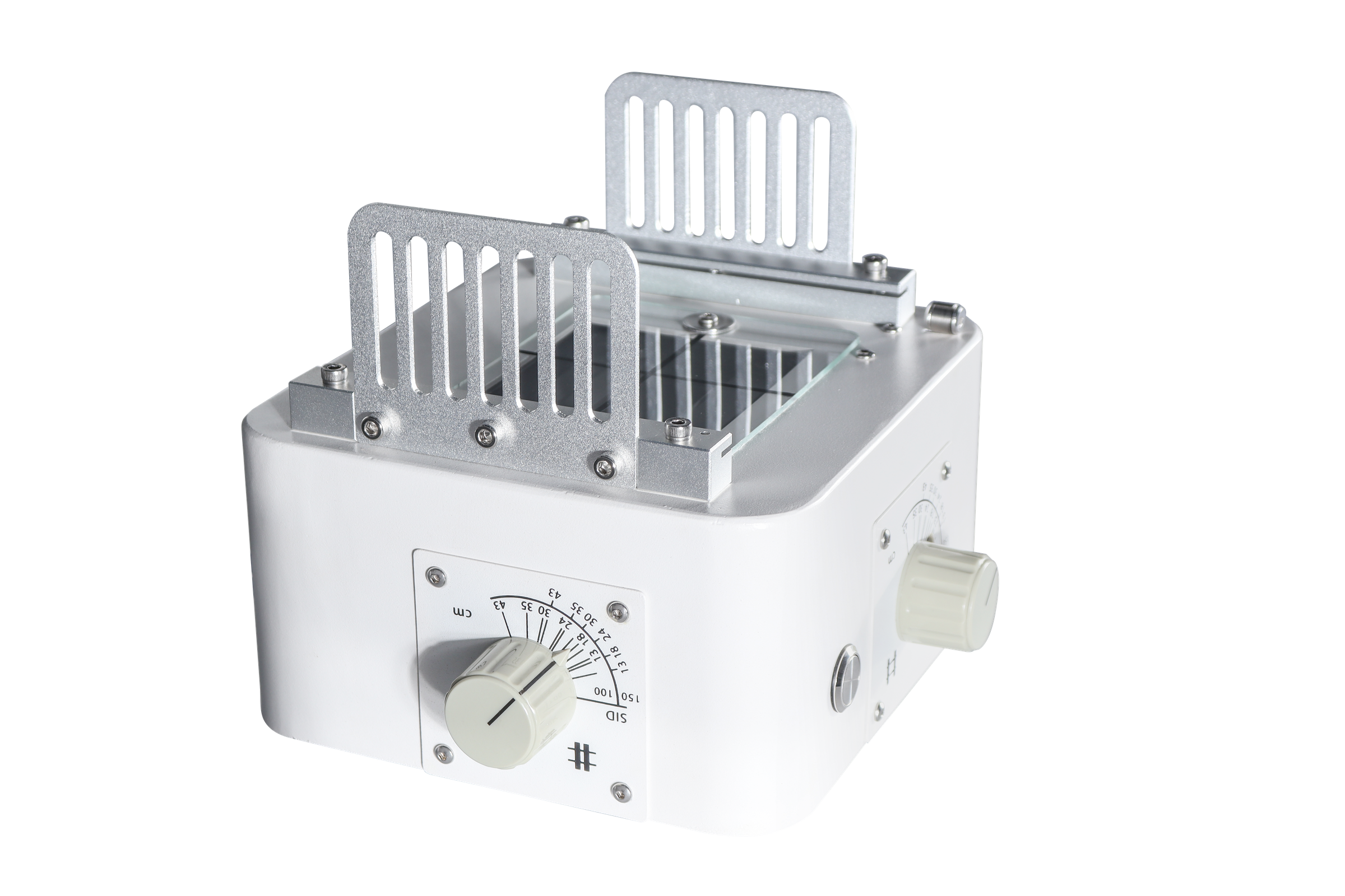 Manual X-ray collimator with mounting leaf plates raised, showing the field size scale marked 13, 18, 24, 30, 35 and 43 cm and SID settings of 100 and 150 cm