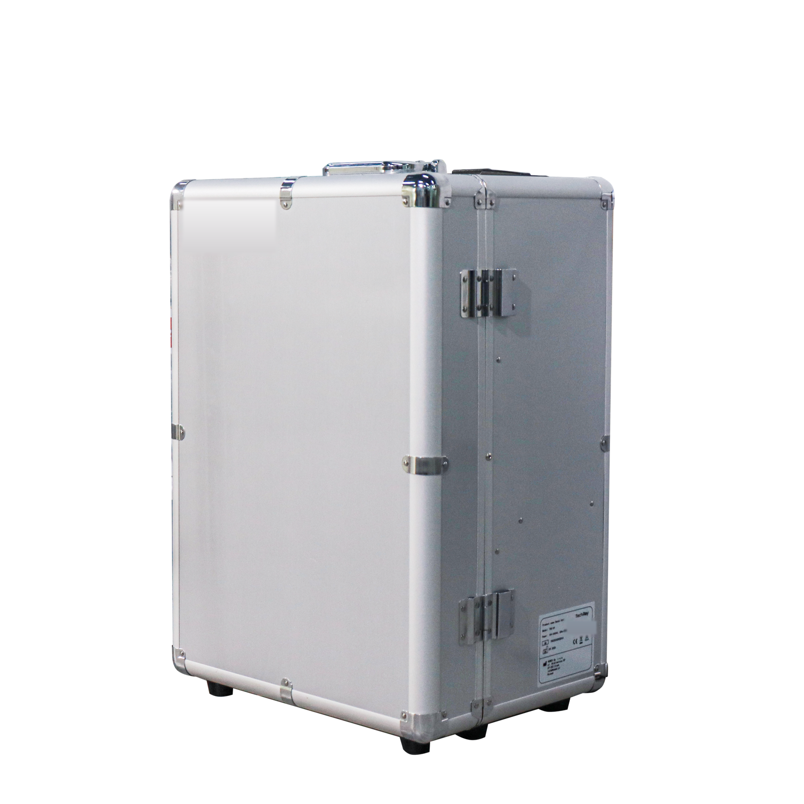 Portable veterinary dental unit closed in its aluminium trolley case with telescopic handle and corner protection