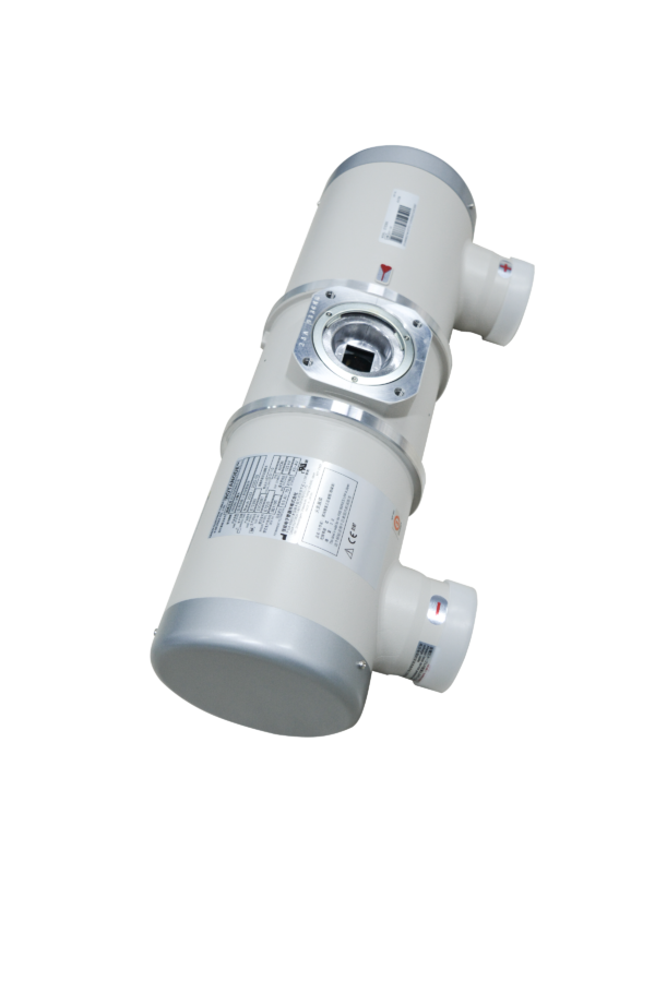 Canon E7239X rotating anode X-ray tube assembly - three-quarter view showing the ROTANODE rating label, beam port and both high-voltage receptacles