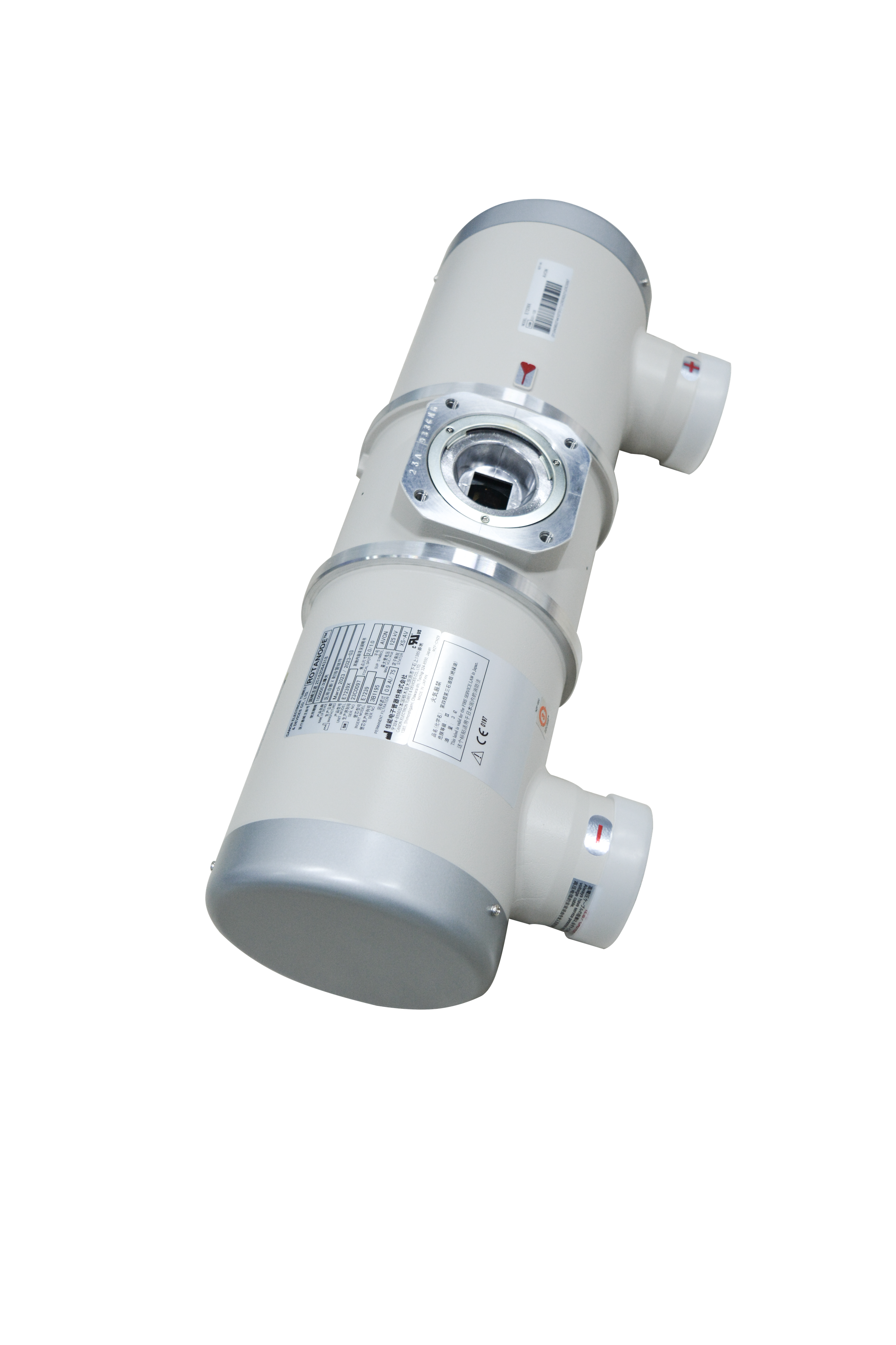 iwa-e7239x-main-2026-scaled Canon E7239X rotating anode X-ray tube assembly - three-quarter view showing the ROTANODE rating label, beam port and both high-voltage receptacles
