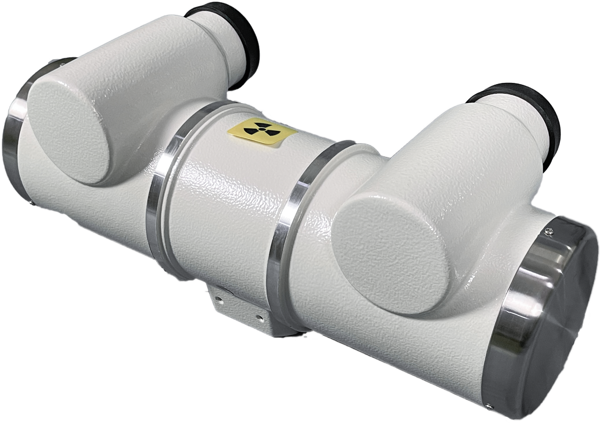 iwa-tu01-main-2026 LQ16-XD51-20.40/125 rotating anode X-ray tube assembly - three-quarter view with radiation warning label and both high-voltage receptacles