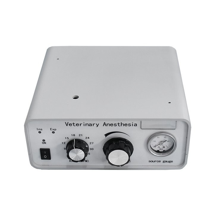 VA60 control panel - inspiration and expiration indicators, power rocker switch, respiratory rate dial graduated 9 to 33 BPM, tidal volume dial and driving gas source gauge