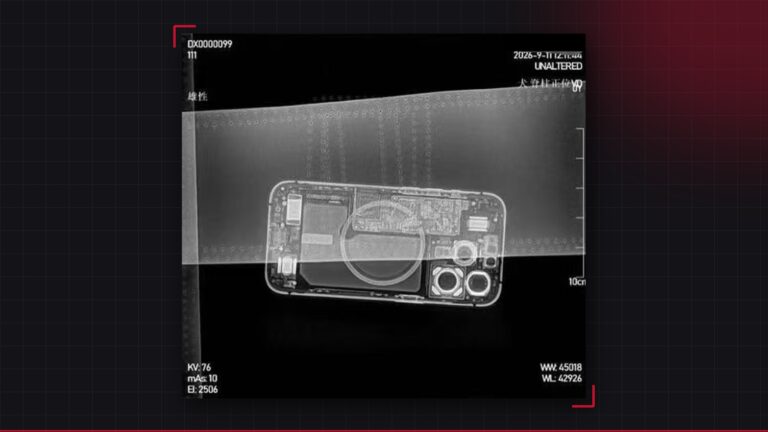 Radiograph of a lead apron over a smartphone, internals clearly visible