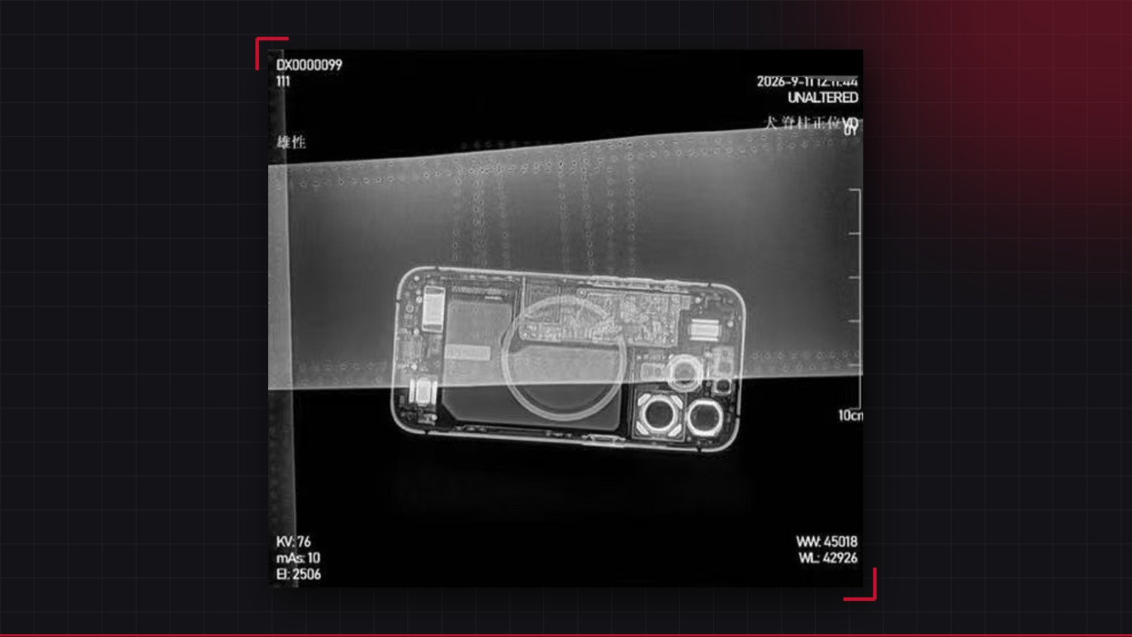 Radiograph of a lead apron laid over a smartphone: the phone's internals and even the apron's stitching dots are clearly visible