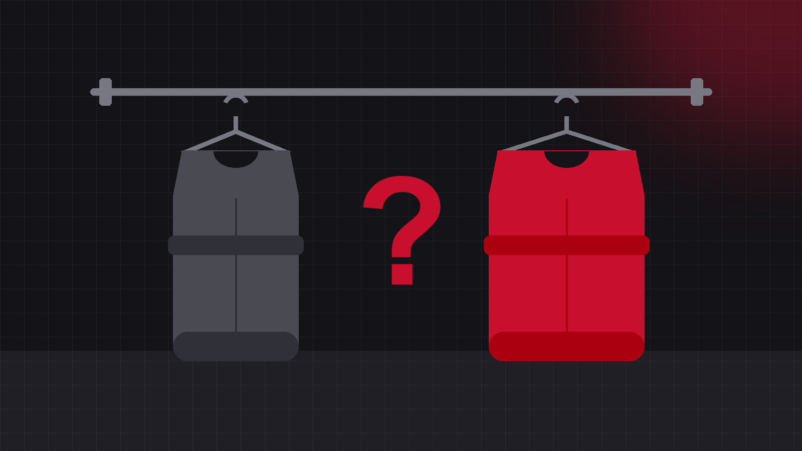 Two lead aprons hanging side by side, slightly different in thickness, with a question mark between them