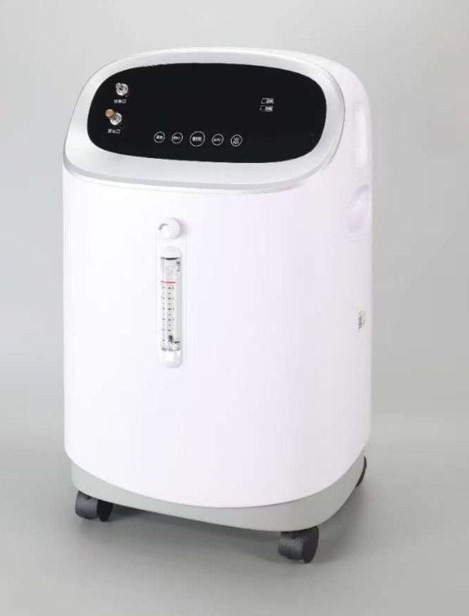 V-Y501W oxygen concentrator - three-quarter view showing touch control panel, oxygen outlet and nebulizer outlet