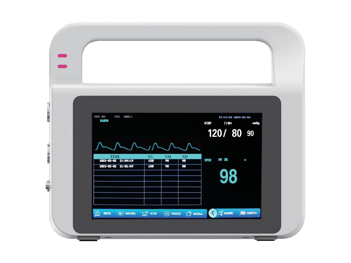 ve5-hero.jpg VE5 veterinary vital signs monitor - front view of the touch screen showing NIBP, SpO2 and pulse rate readings with an integrated carrying handle