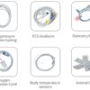 VM12 veterinary monitor accessories: NIBP extension tubing, ECG lead cable, SpO2 probes, SpO2 extension cable, temperature sensor and animal cuffs