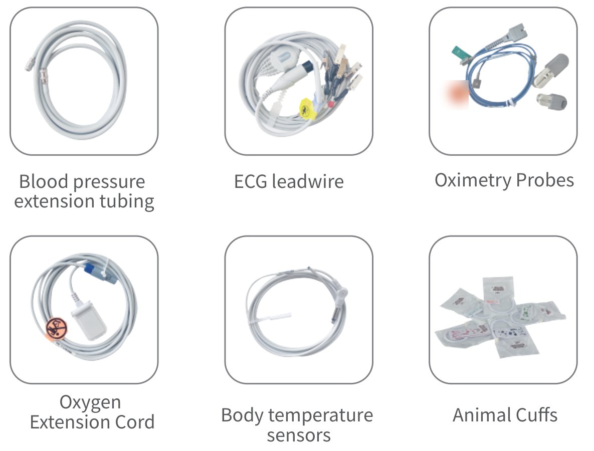 VM12 veterinary monitor accessories: NIBP extension tubing, ECG lead cable, SpO2 probes, SpO2 extension cable, temperature sensor and animal cuffs